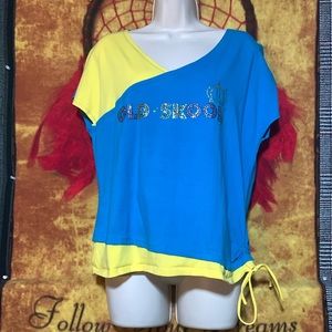 OLD SKOOL Urban Wear-womens blue/yellow short sleeve draw-stringed crop shirt
